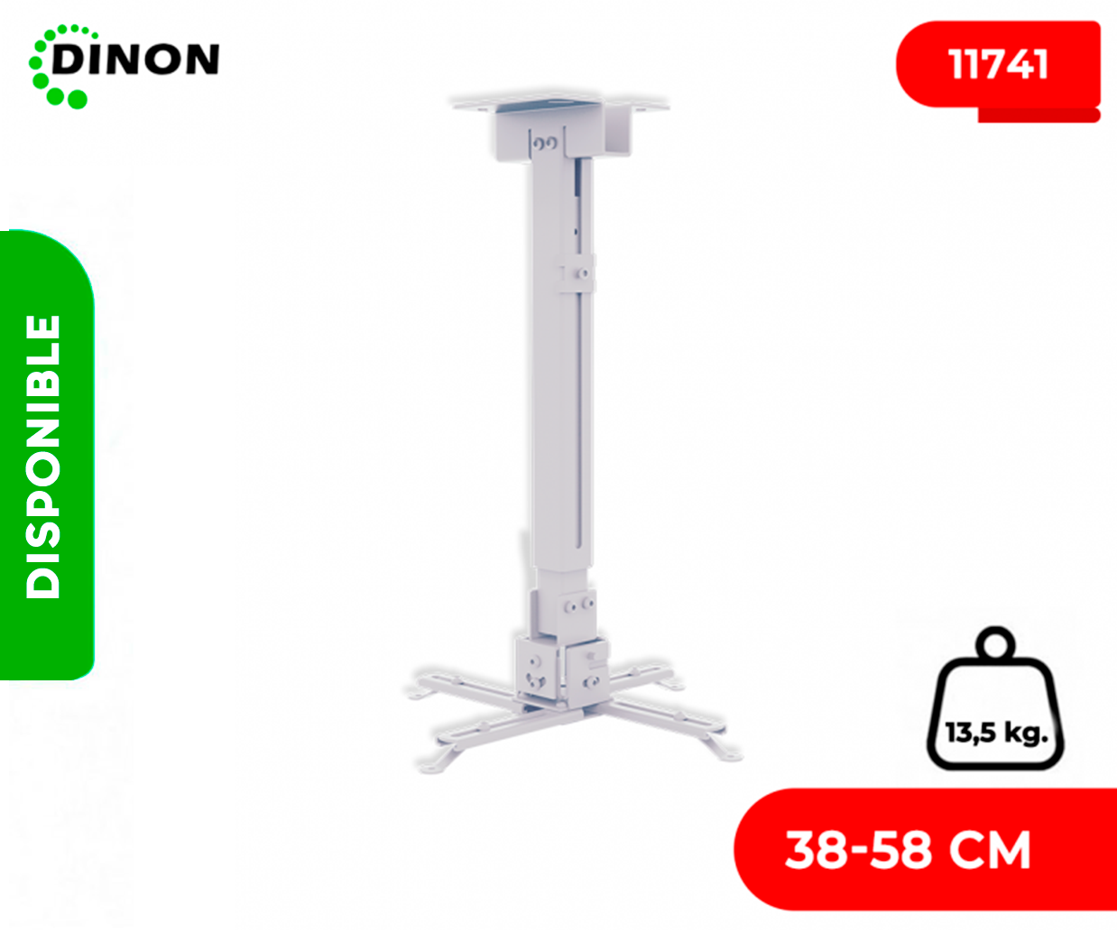 SOPORTE PARA PROYECTOR A TECHO EXTENSIBLE 38-58 CM, 360°, 13.5KG, BLANCO DINON