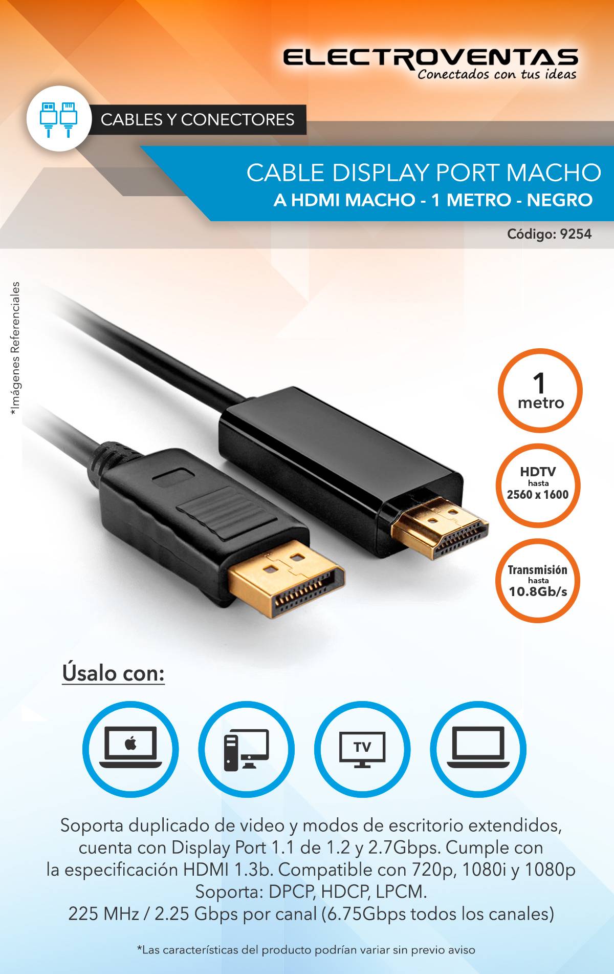 CABLE DISPLAY PORT MACHO A HDMI MACHO, 1 METRO, NEGRO